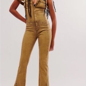 Free People Army Tan Denim One Piece Jumpsuit Size 4 Small Medium Like New